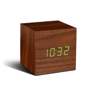 Tmavohnedý budík so zeleným LED displejom Gingko Cube Click Clock