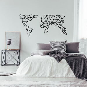 Čierna kovová nástenná dekorácia Geometric World Map, 150 × 80 cm